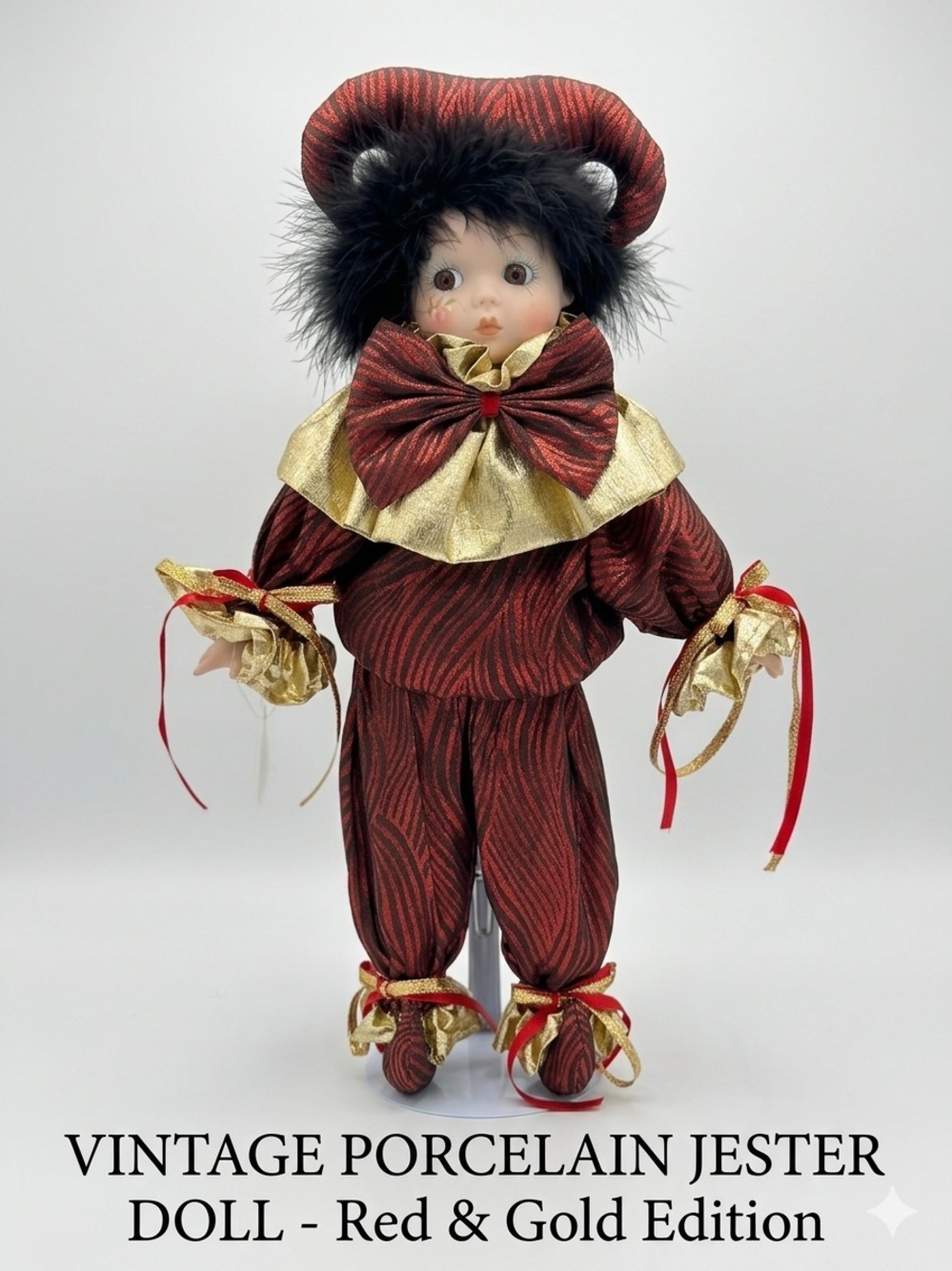 Vintage 80’s Porcelain Jester Harlequin Doll - Red & Gold Carnival Edition